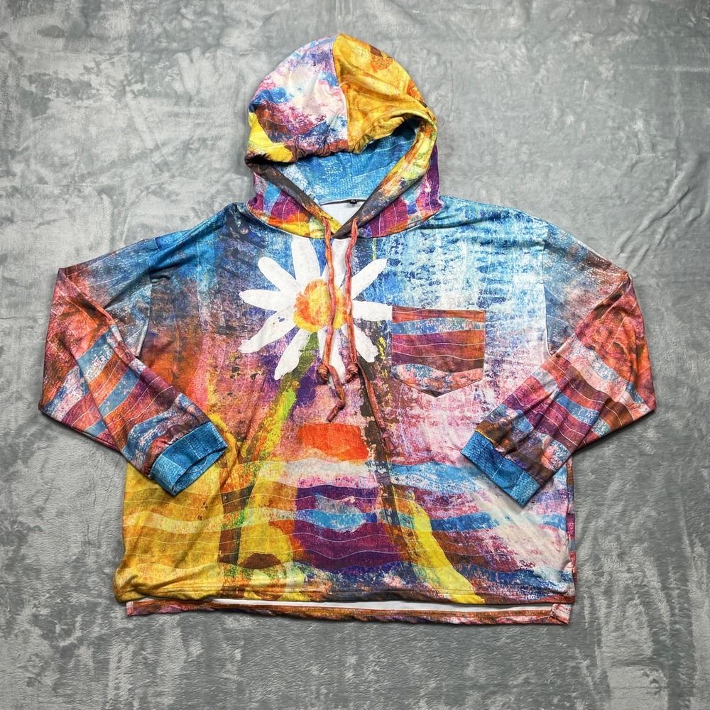 Abstract Boho Daisy Tie-Dye Print Hoodie Long Sleeve Pocket Casual Top Women 1XL